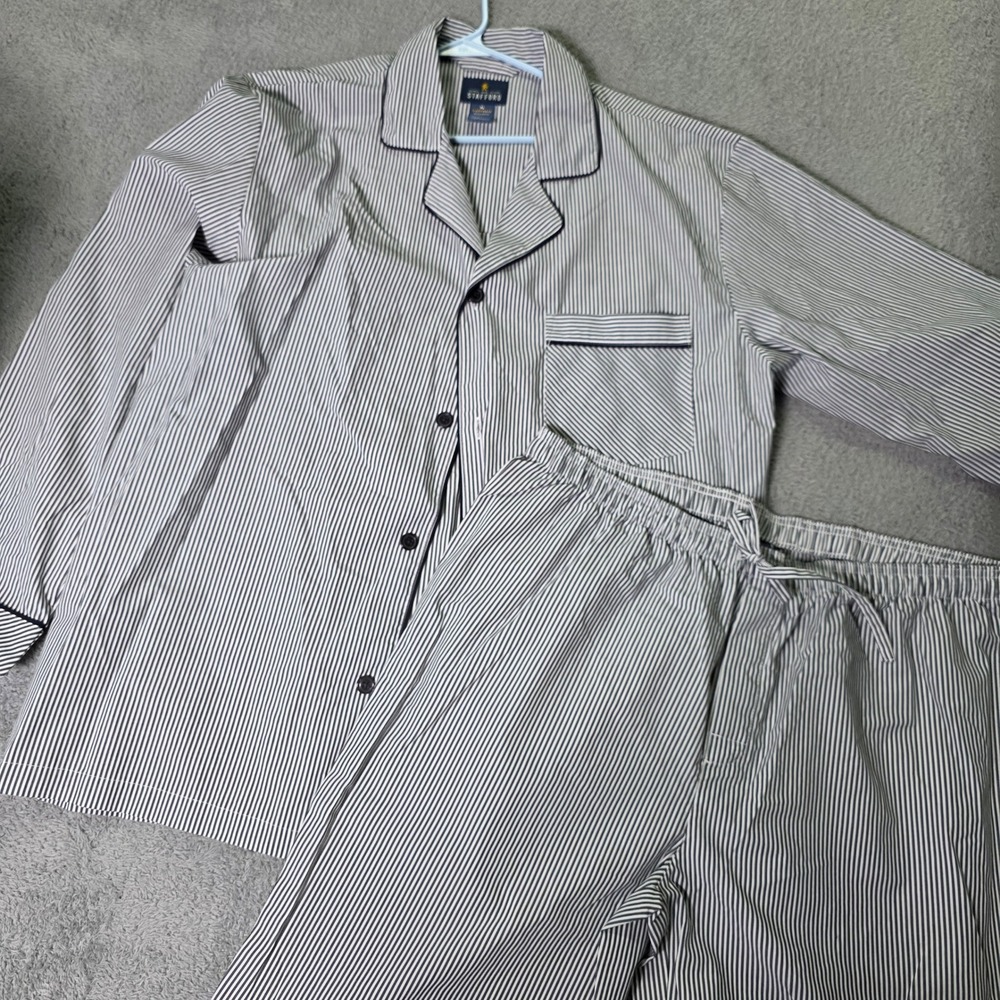 Stafford Mens XL Pajama Set Blue White Pinstripe Button Top Drawstring Pants